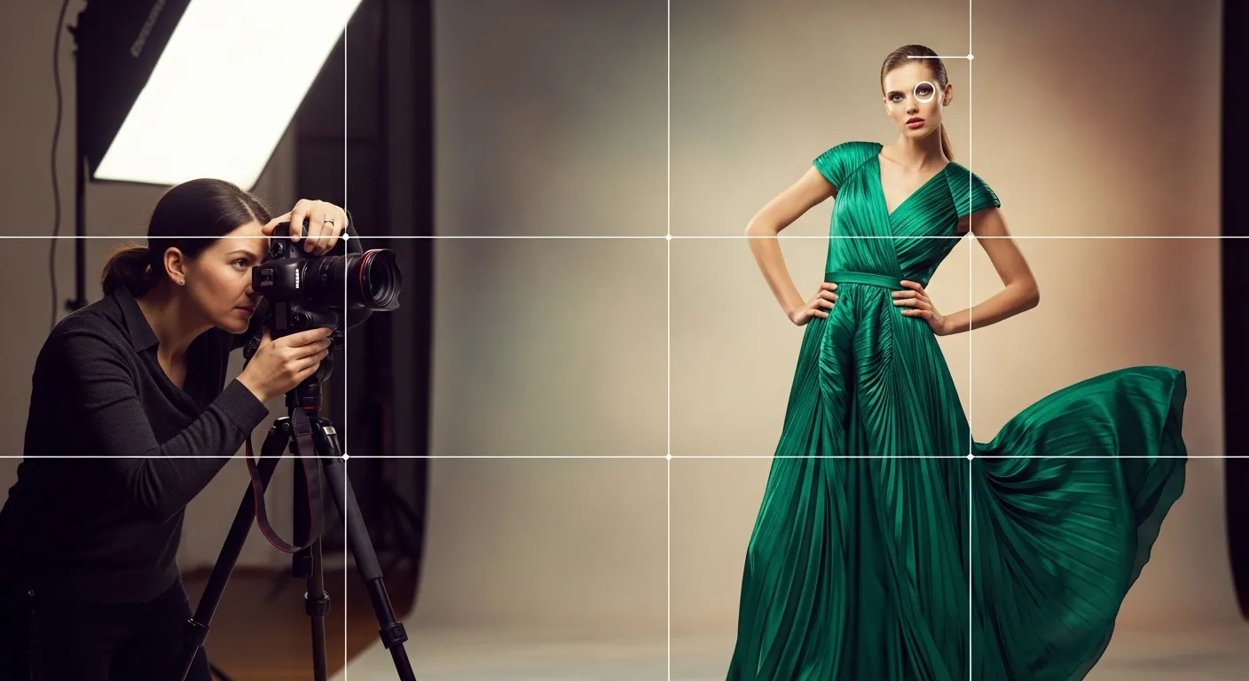 Model positioned using the rule of thirds grid to create balanced and visually appealing fashion composition