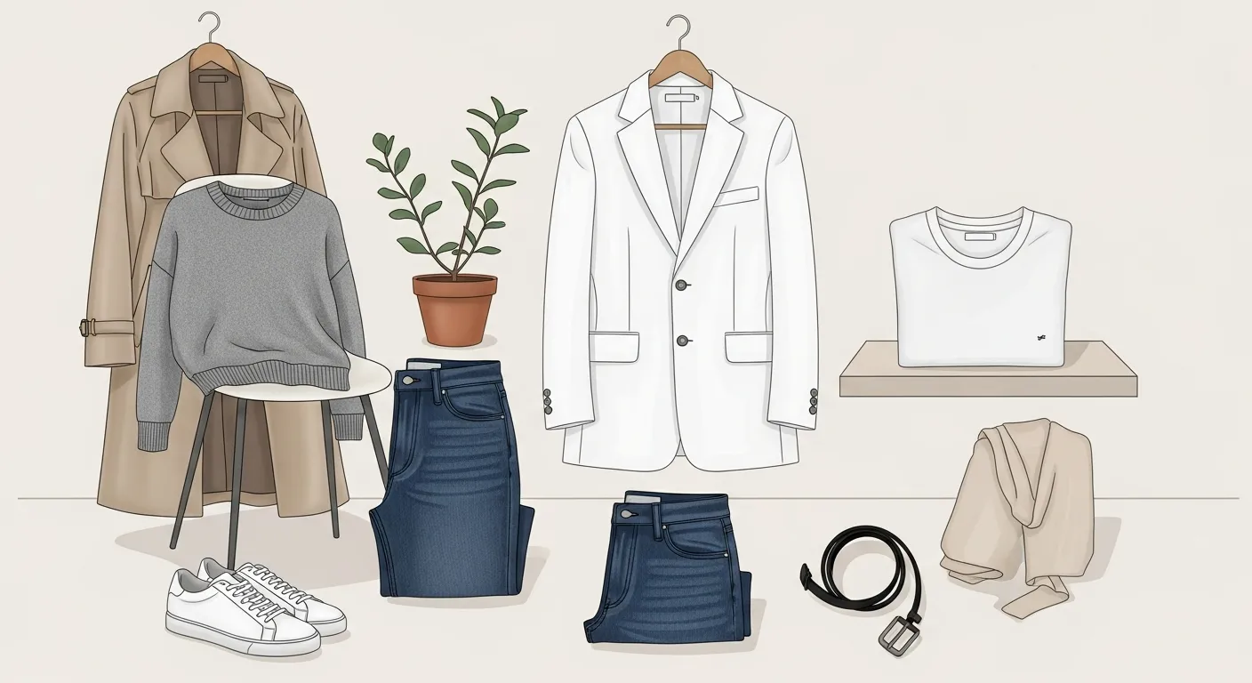 Minimal capsule wardrobe featuring neutral clothing pieces like blazer, jeans, and white t-shirt neatly arranged