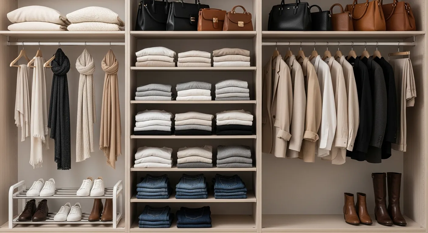 Organized wardrobe with neutral color palette and essential fashion basics for how to find your personal style
