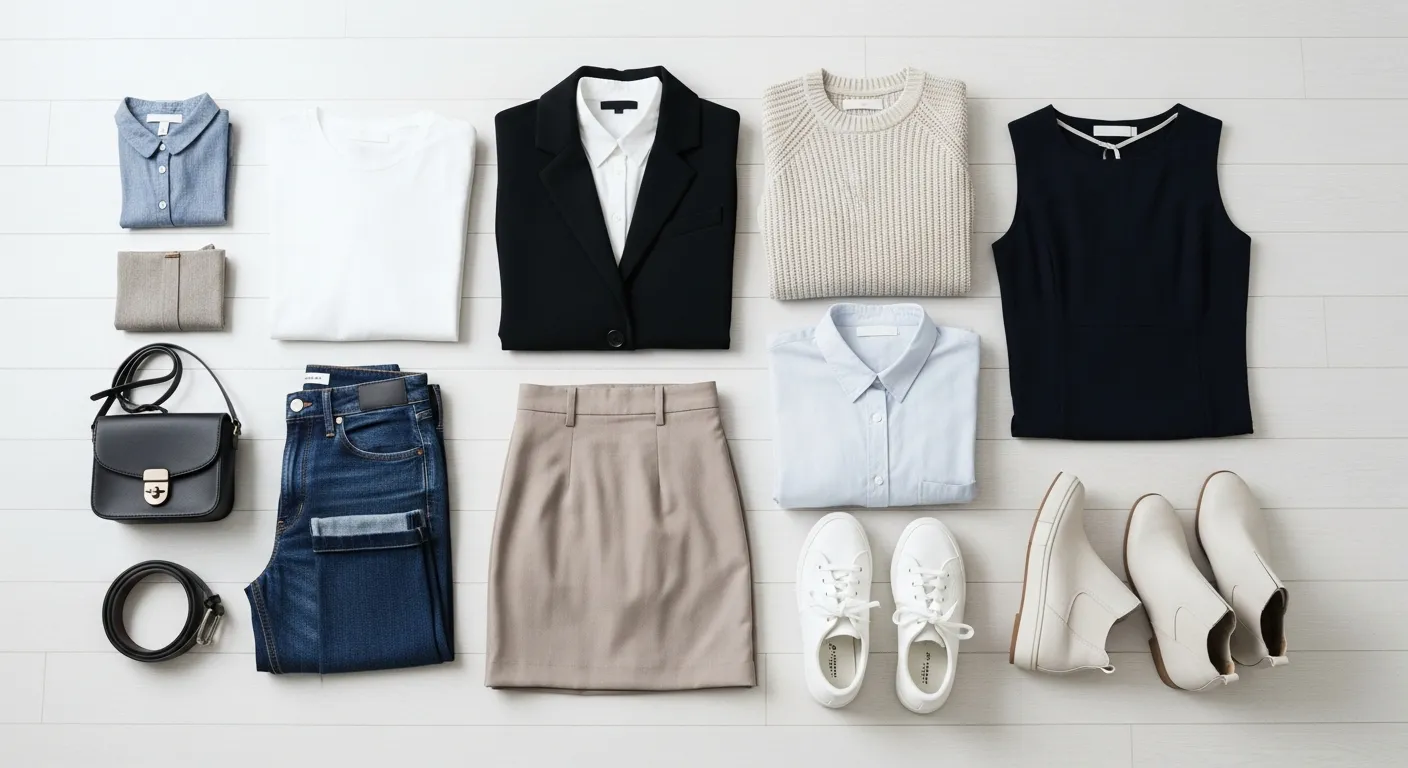 Multiple outfit combinations created from a small capsule wardrobe showing versatile eco-friendly fashion styling