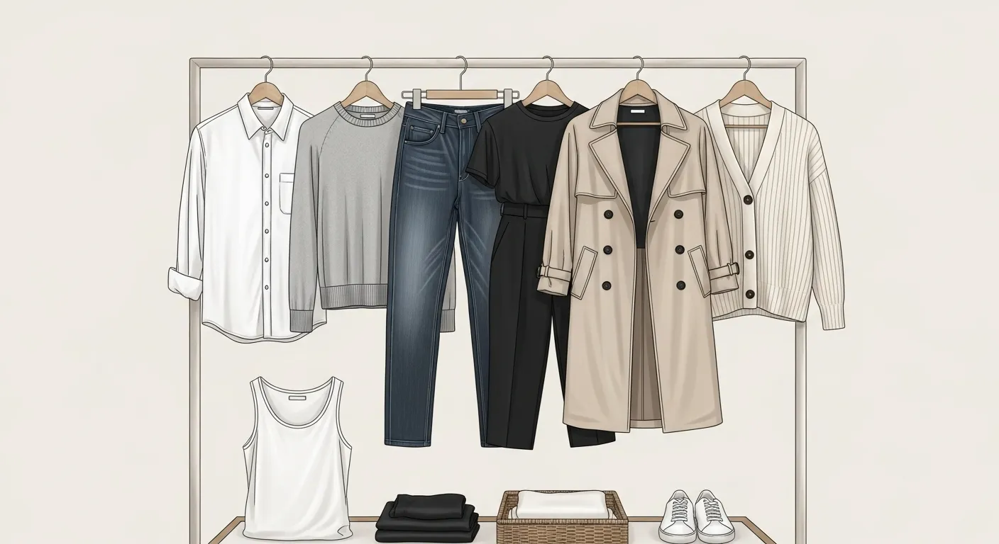Minimal capsule wardrobe with neutral clothing pieces neatly arranged on rack