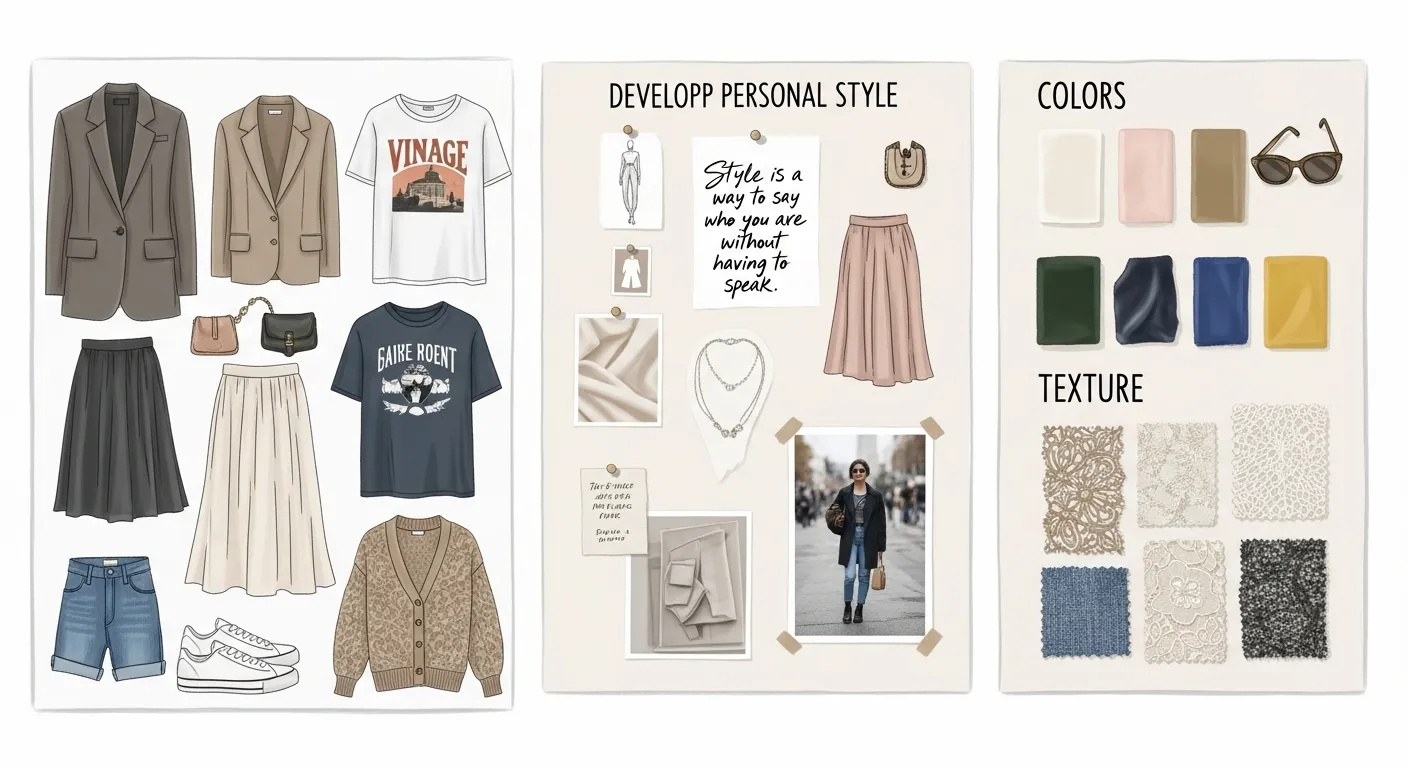 Fashion mood board with outfit ideas, colors, and textures for developing personal style.