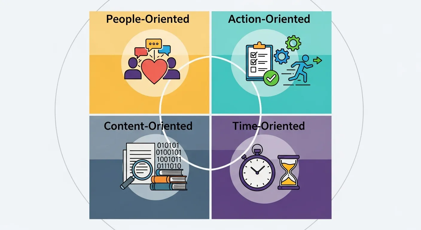 Diagram showing people-oriented, action-oriented, content-oriented, and time-oriented listeners with icons representing emotions, tasks, data, and clocks.