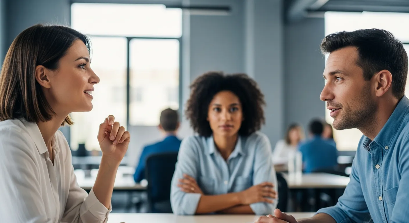 Colleagues engaged in a focused conversation demonstrating active listening with eye contact, nodding, and responsive body language in a workplace setting.