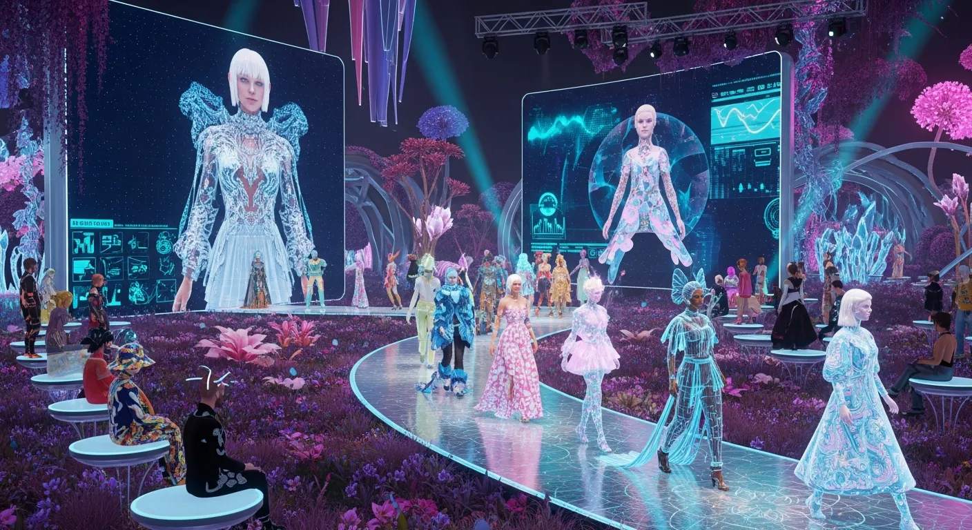 Virtual fashion show in metaverse with avatars walking on a 3D runway in a futuristic digital environment