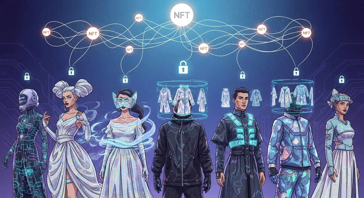 Digital fashion NFTs displayed on blockchain marketplace showcasing unique virtual garments and ownership verification
