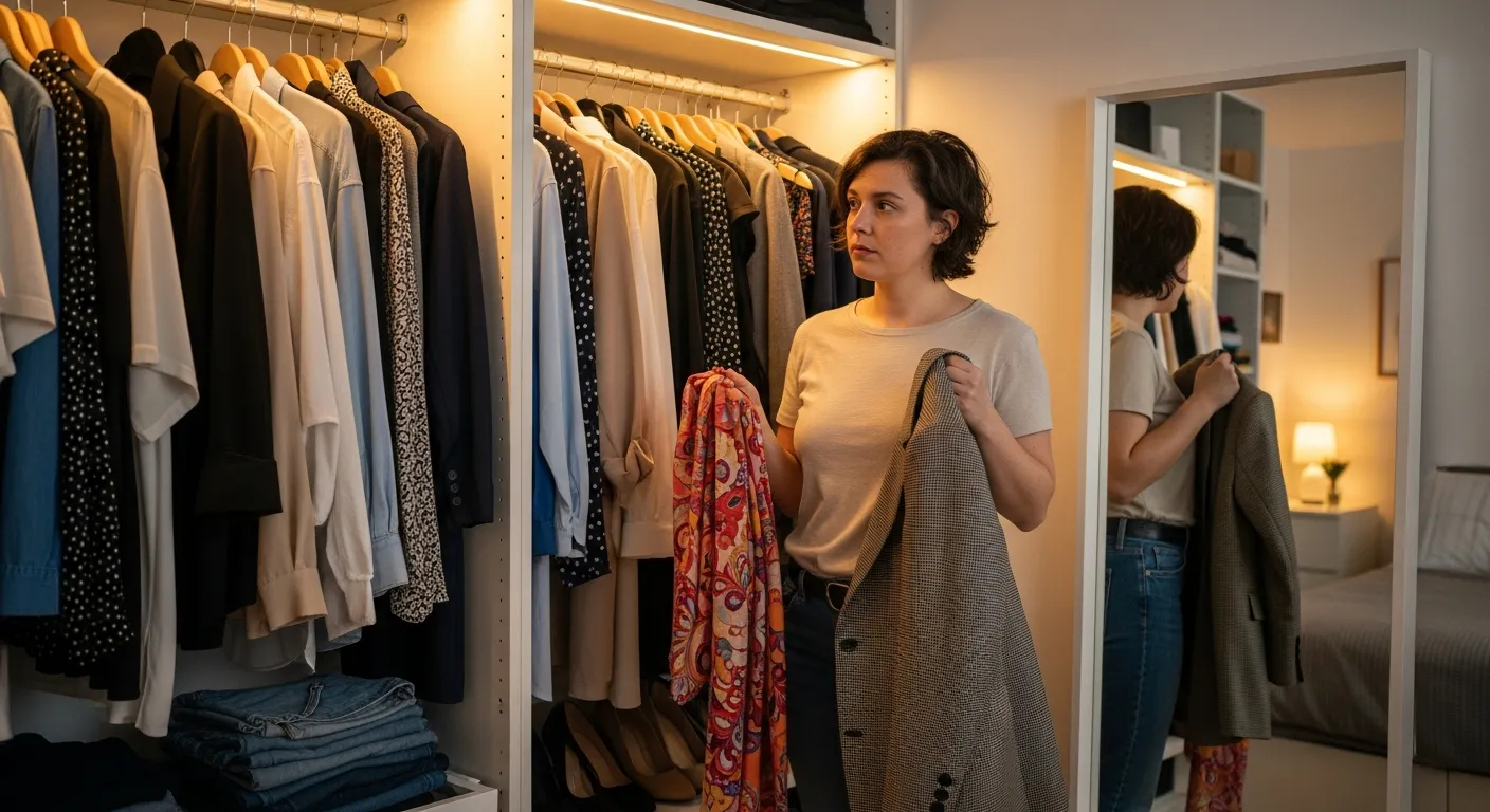 Person reflecting on clothing choices to understand personal style identity and preferences