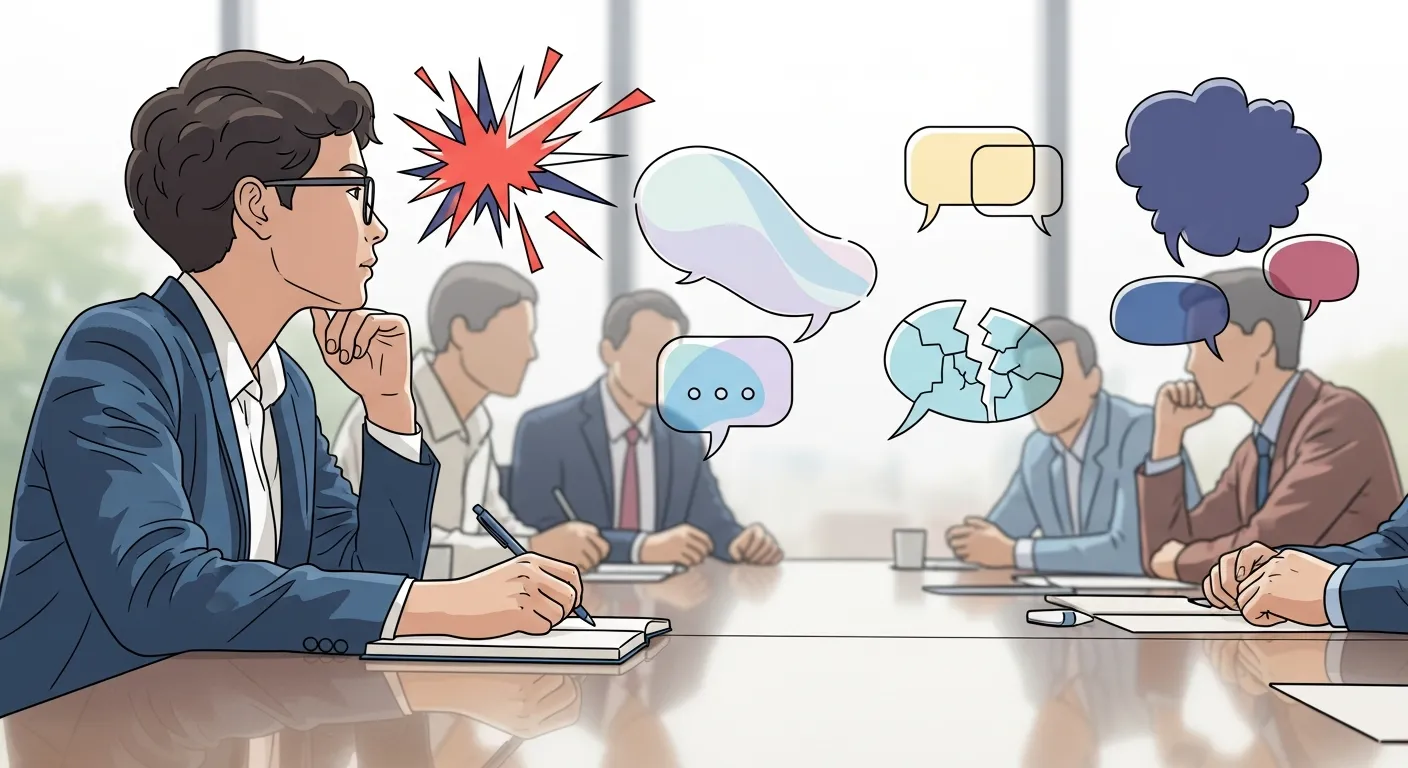 Person in a meeting actively listening and taking notes while different communication styles are visually represented in speech bubbles.