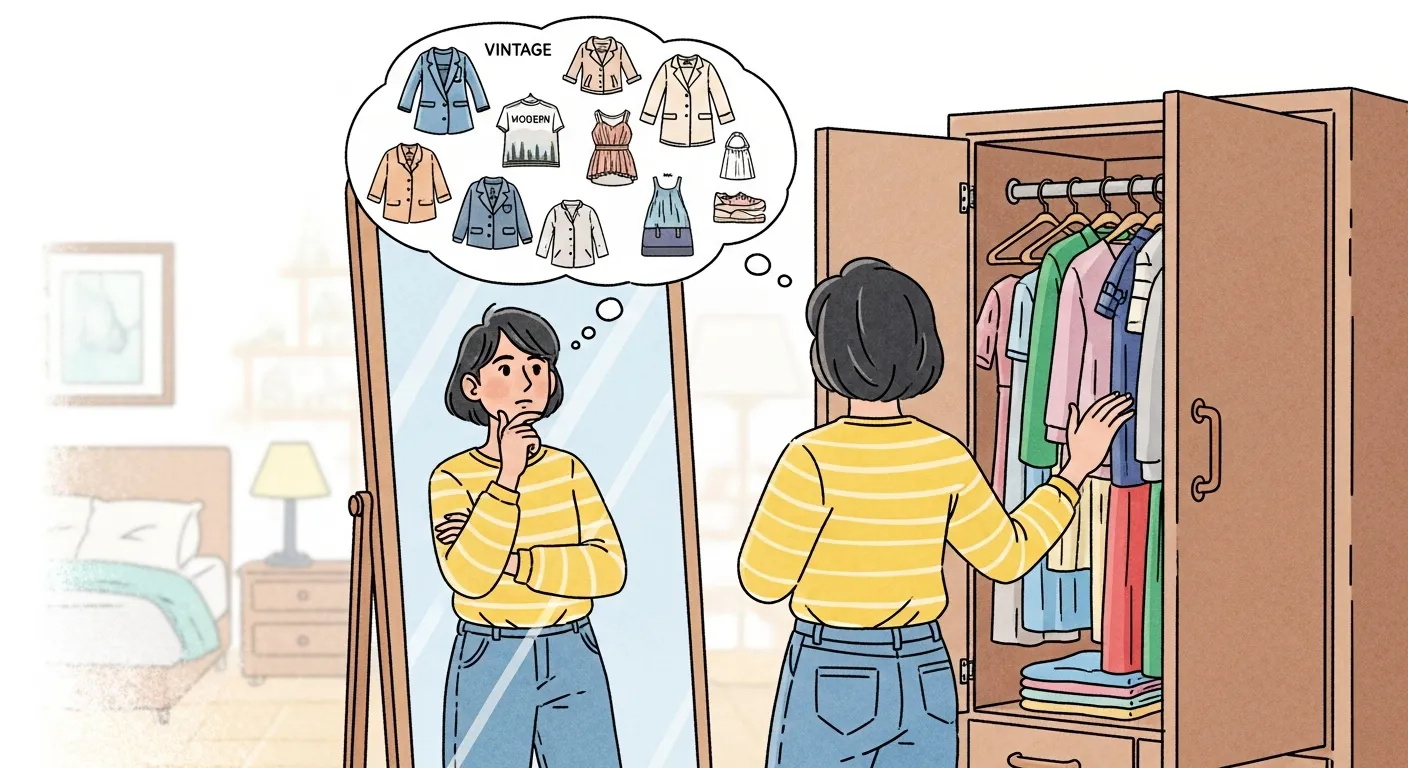 Person analyzing wardrobe and reflecting on personal fashion style in front of mirror