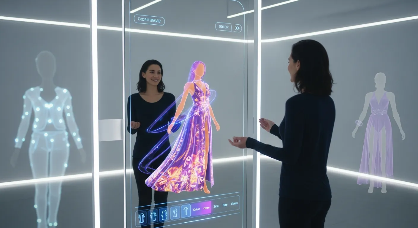 User trying on digital clothing through augmented reality app showing virtual outfit overlay in real time
