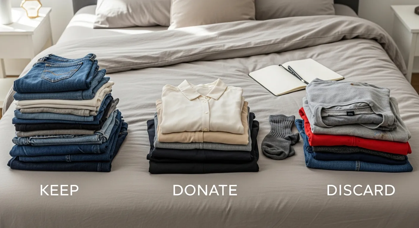Clothes laid out on bed for wardrobe audit with keep donate and discard piles