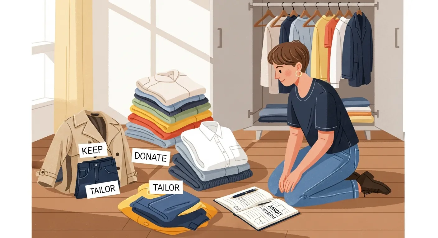 Person sorting clothes into piles during a wardrobe audit to improve personal style.