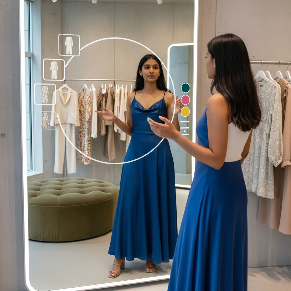A modern clothing boutique fitting room scene where a shopper stands before a smart mirror displaying augmented reality overlays: tappable outfit options, color swatches, and size toggles float around the mirror’s frame while the mirror’s live camera feed shows the shopper wearing different virtual garments in photorealistic detail.