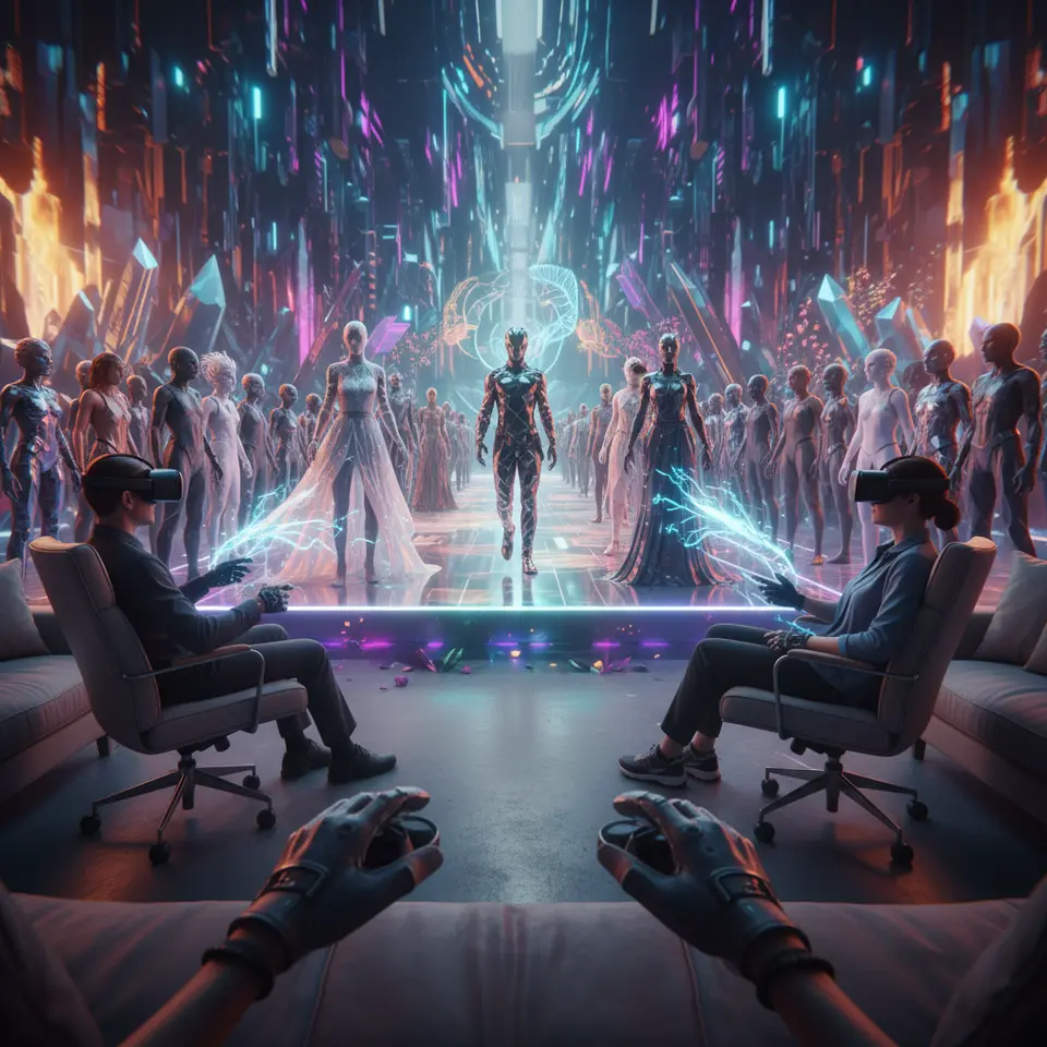 A futuristic metaverse runway show with diverse avatar attendees gathered around a floating 3D catwalk inside a vibrant digital landscape: dynamic lighting effects, interactive graphics responding to audience gestures, and avatars sporting avant-garde virtual couture in real-time.