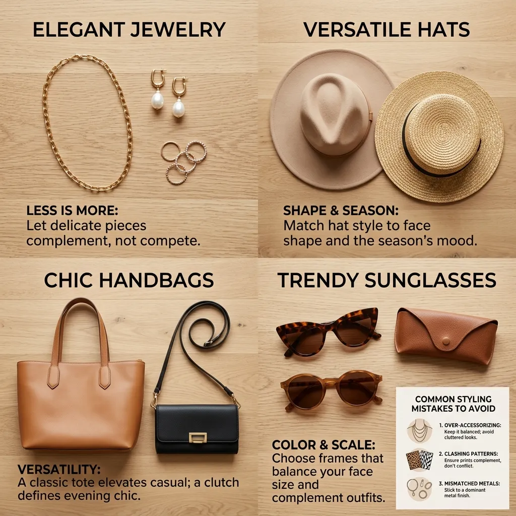 Stylish accessories like shoes, bags, jewelry, and belts arranged neatly to complete and elevate a modern outfit.