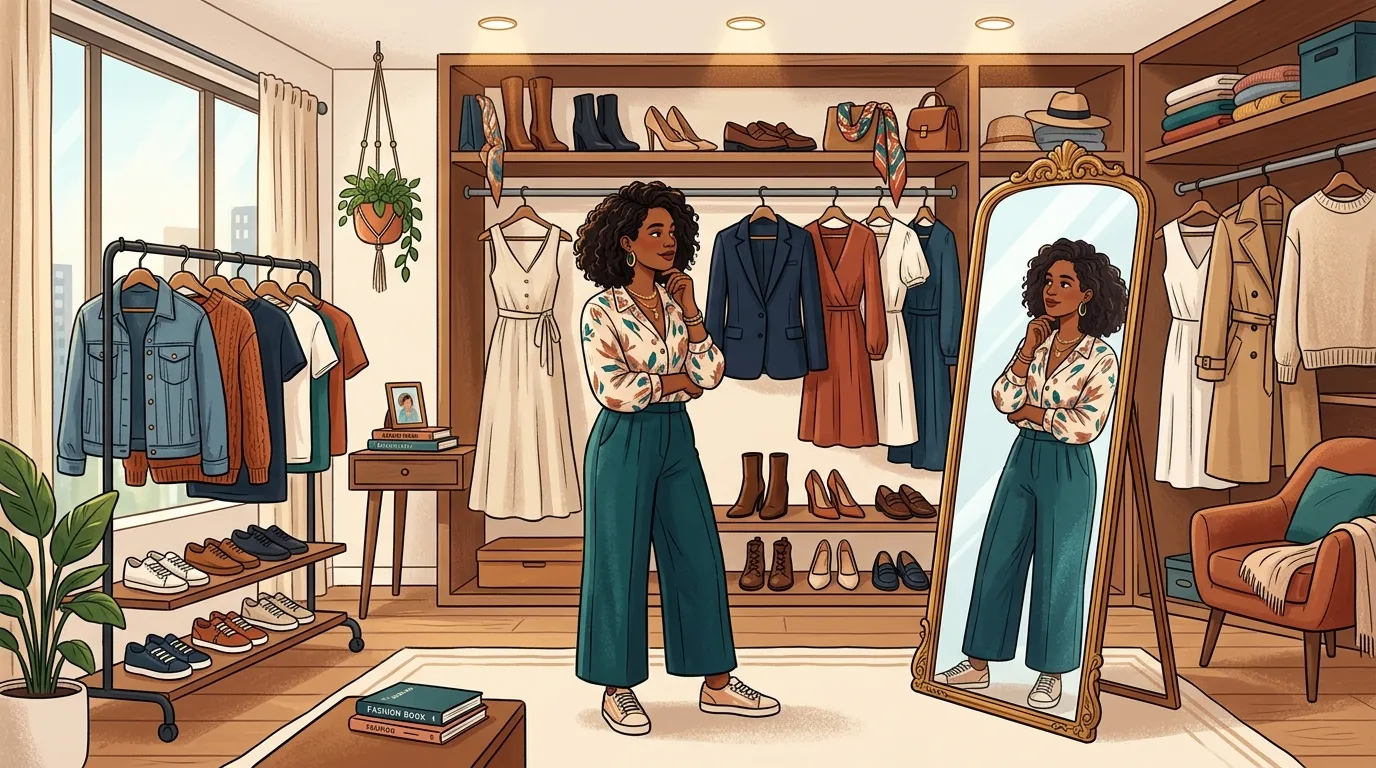 Person reviewing their wardrobe and planning outfits based on daily lifestyle and personal preferences.