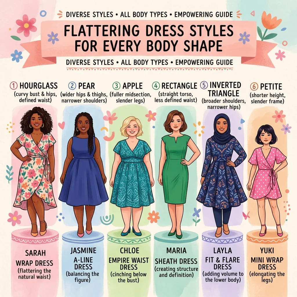 Fashion collection showing wrap dresses, A-line dresses, empire waist dresses, and fit-and-flare styles tailored for different body shapes