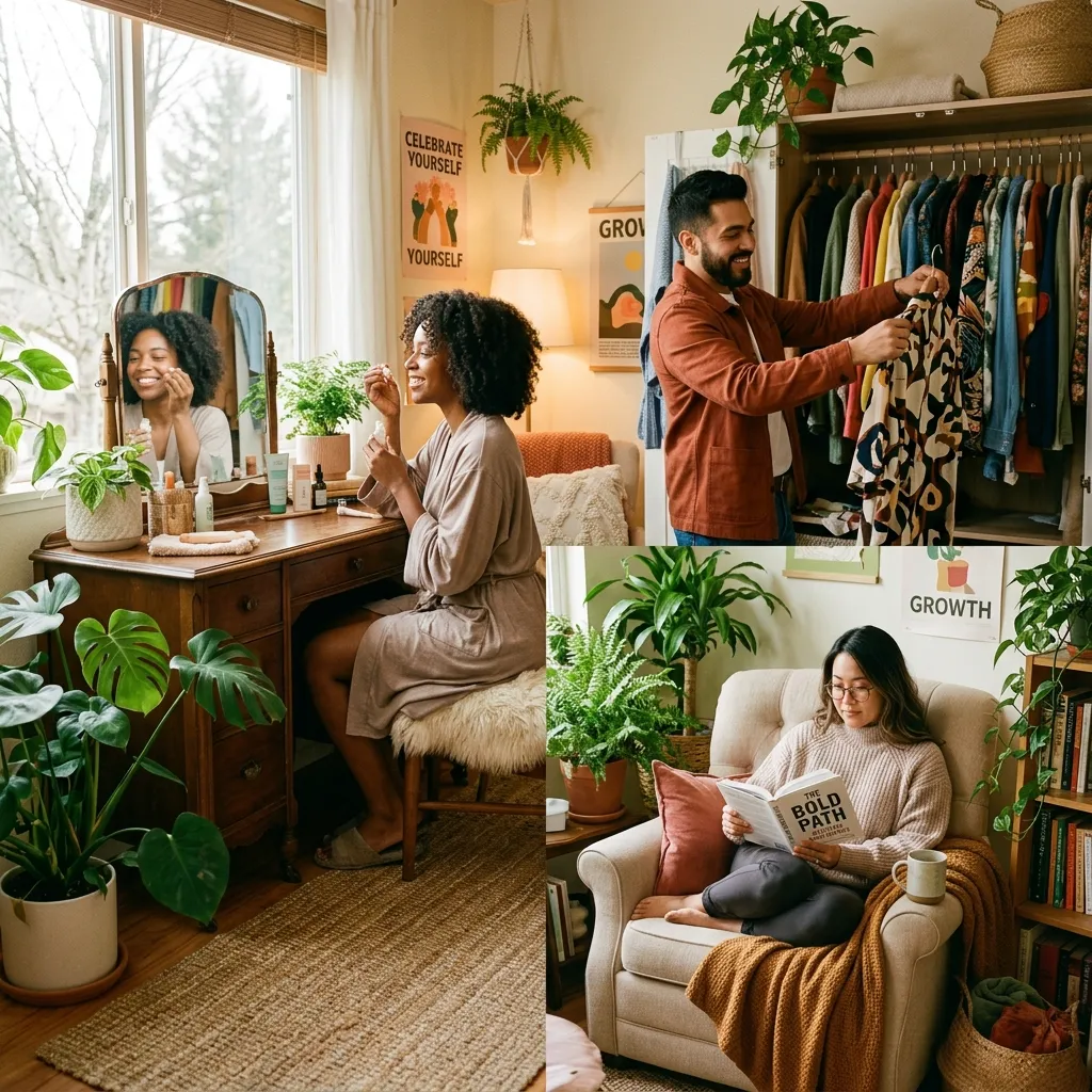 Confident individual walking outdoors with stylish clothing, healthy skin, and positive body language.