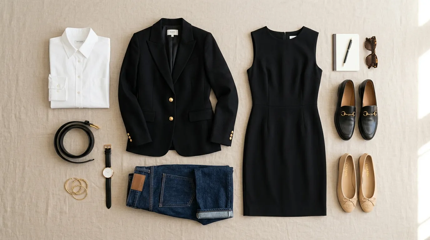 Minimal capsule wardrobe with neutral clothing essentials including blazer, jeans, white shirt, and stylish accessories.