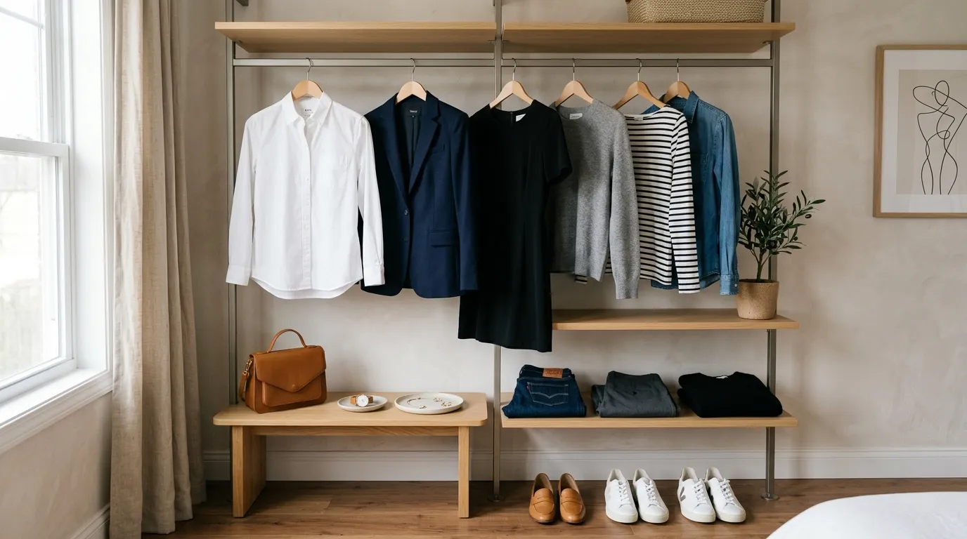 Capsule wardrobe with neutral basics like jeans, blazer, shirts, and versatile clothing pieces.