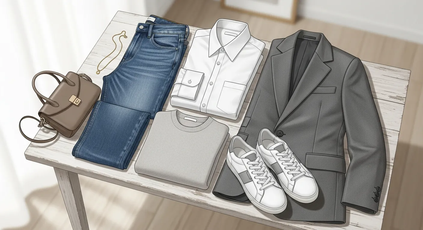 Minimal capsule wardrobe with neutral clothing pieces like jeans, white shirt, blazer, and sneakers neatly arranged
