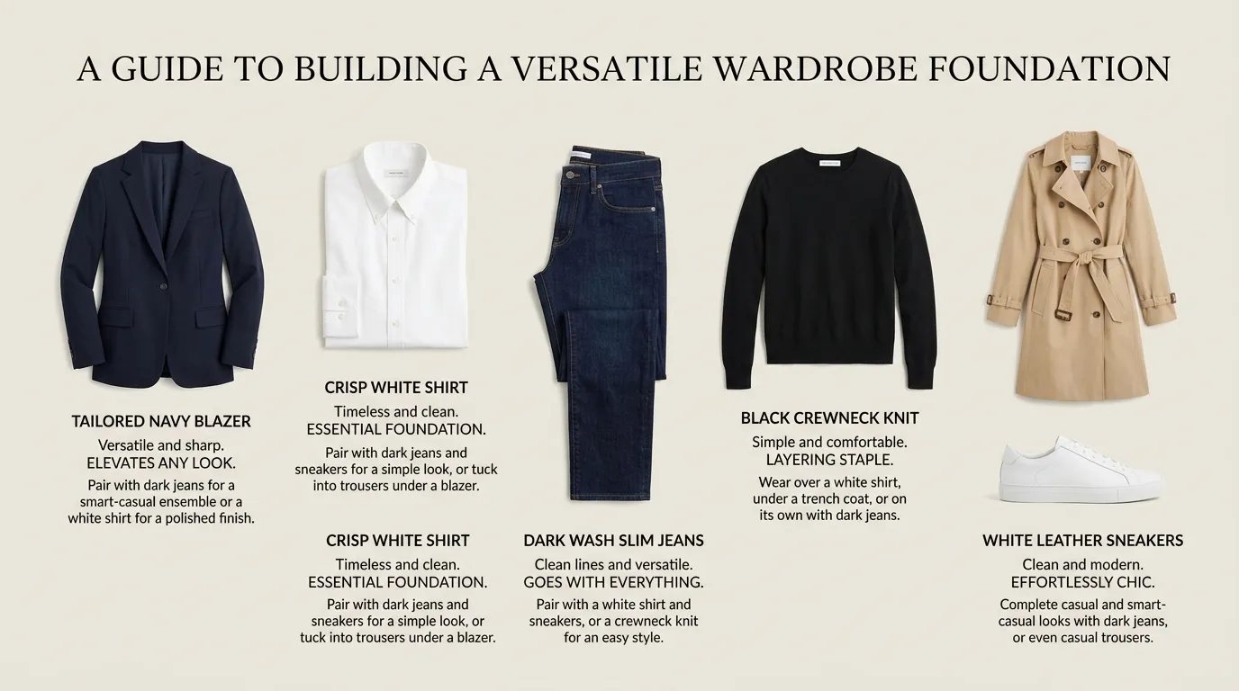 Organized wardrobe with neutral clothing basics, jeans, blazers, and everyday fashion staples.