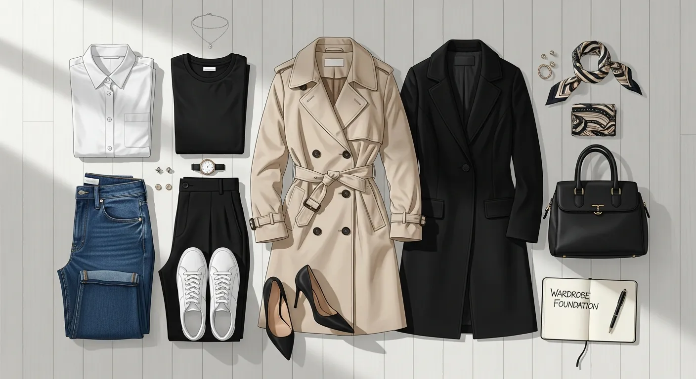 Organized closet with essential clothing pieces like jeans, shirts, and jackets arranged neatly for a versatile wardrobe system.