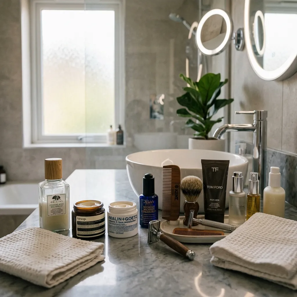 Man applying skincare products in front of a bathroom mirror during his morning grooming routine