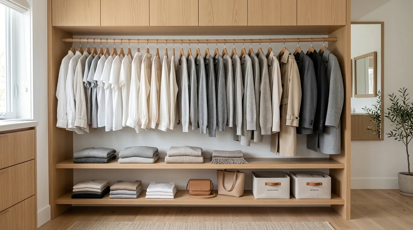 Neatly organized capsule wardrobe with color-coordinated clothes, minimal essentials, and a clean, structured closet setup.