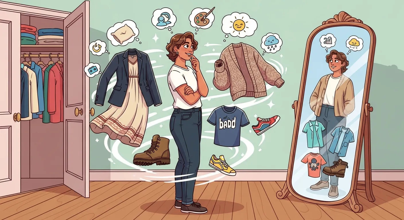 Person analyzing outfits in front of a mirror while choosing clothes that reflect their personality and comfort