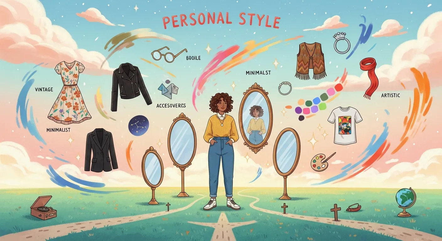A person exploring outfits and mood boards on a desk while defining their personal fashion style identity.