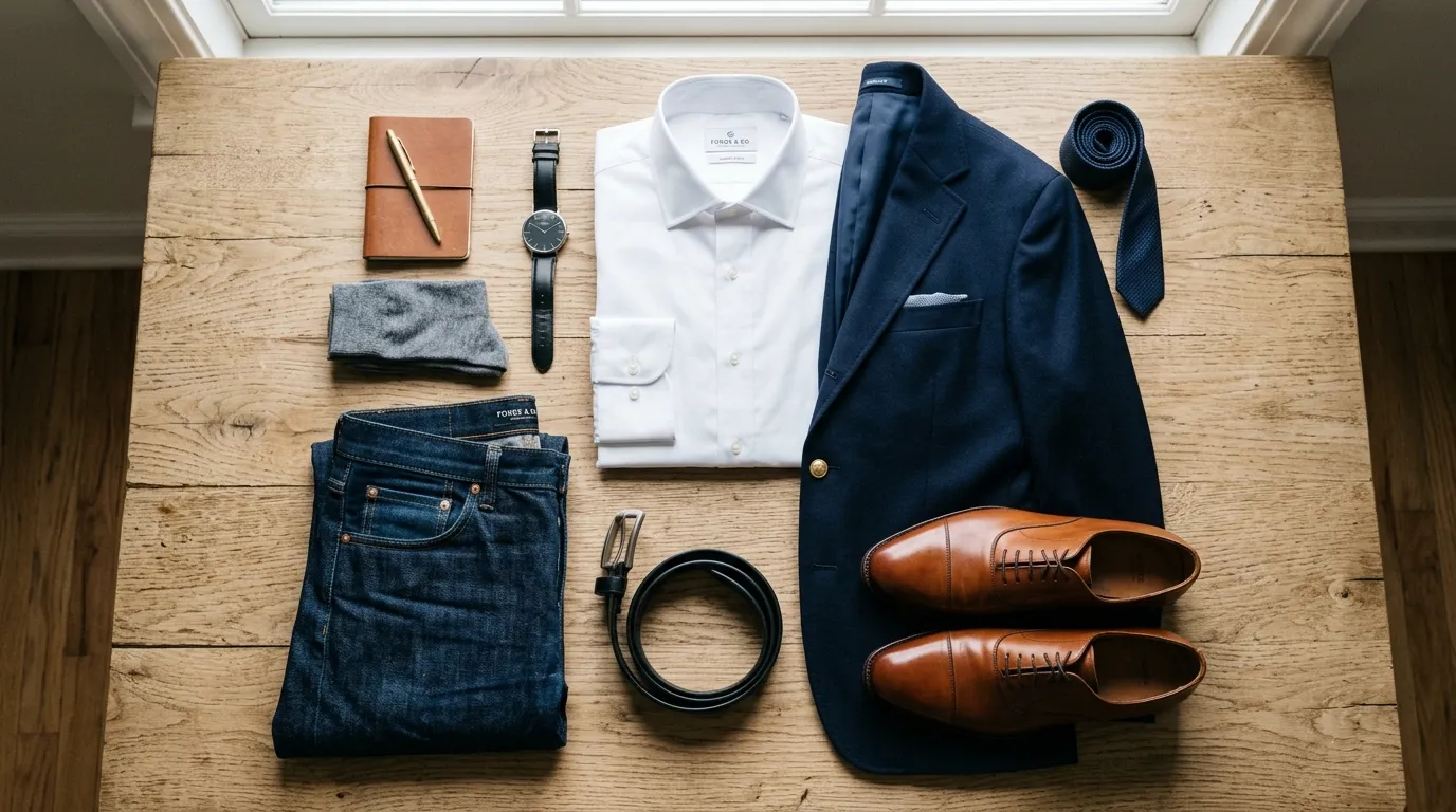 Minimal men’s wardrobe featuring white t-shirts, navy blazer, chinos, dark jeans, sneakers, and leather shoes neatly arranged on a clothing rack.