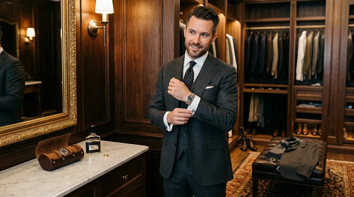 Modern man grooming his beard and skincare routine in a stylish bathroom while dressed in smart casual clothing.