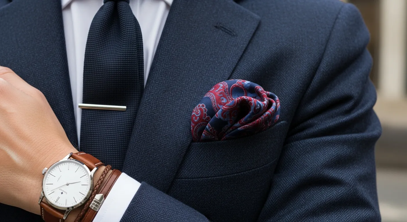 Close-up of well-fitted outfit with tailored blazer, watch, and accessories enhancing overall style