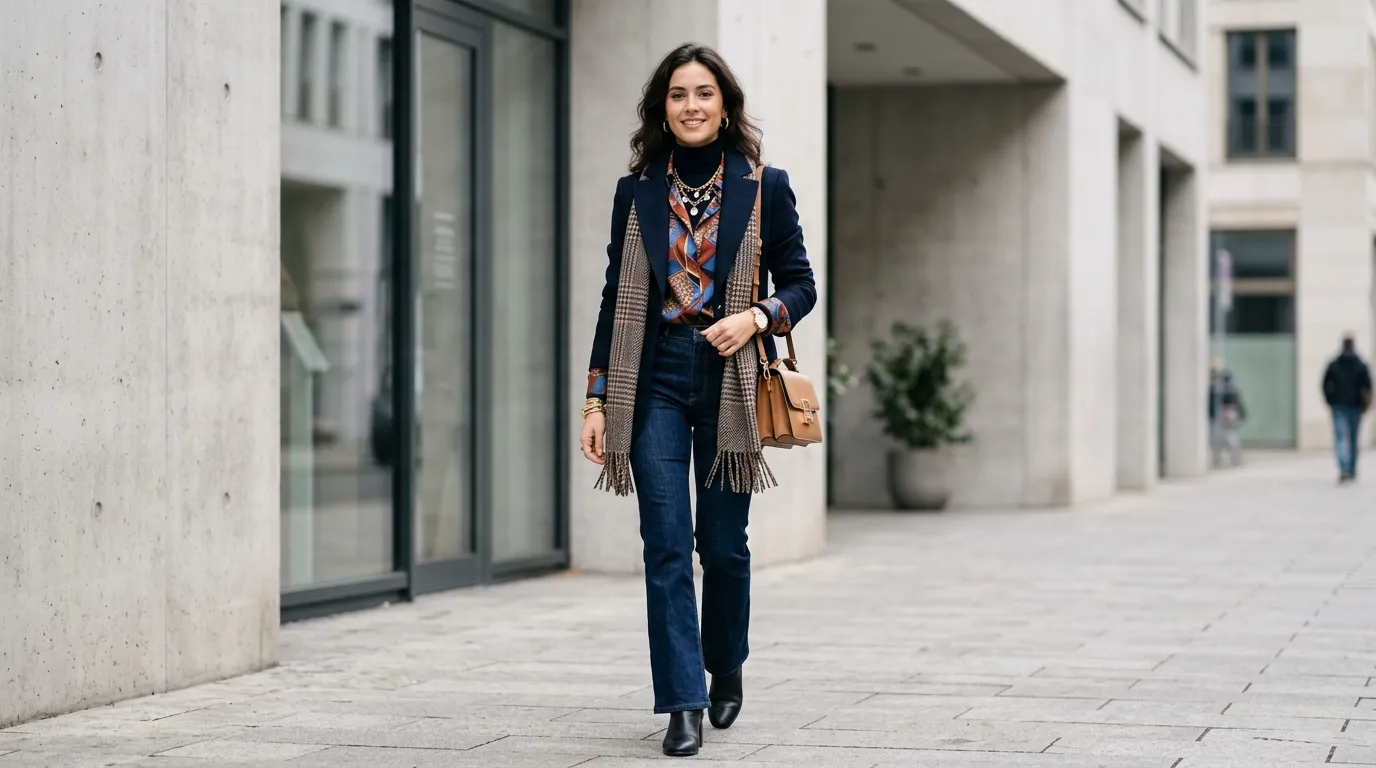 Stylish layered outfit with jacket, scarf, jewelry, and handbag arranged for fashion styling inspiration.