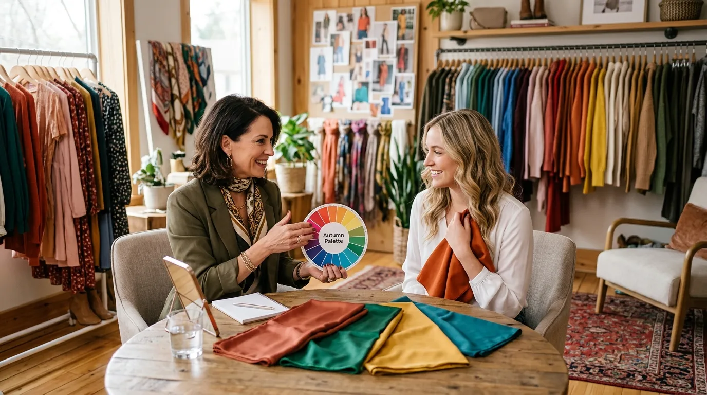 Person exploring clothing options and color swatches to identify personal style and flattering wardrobe colors in natural light.