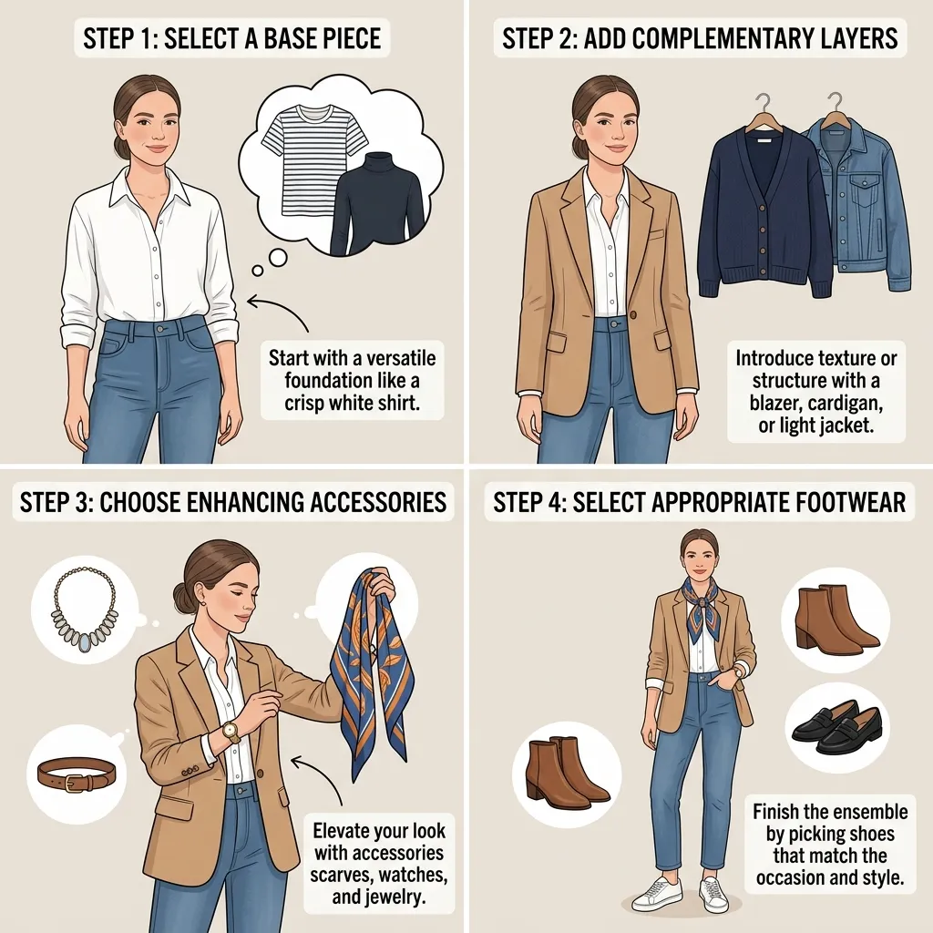 Fashion outfit laid out on bed showing layered clothing pieces including top, jacket, pants, and shoes arranged for styling.