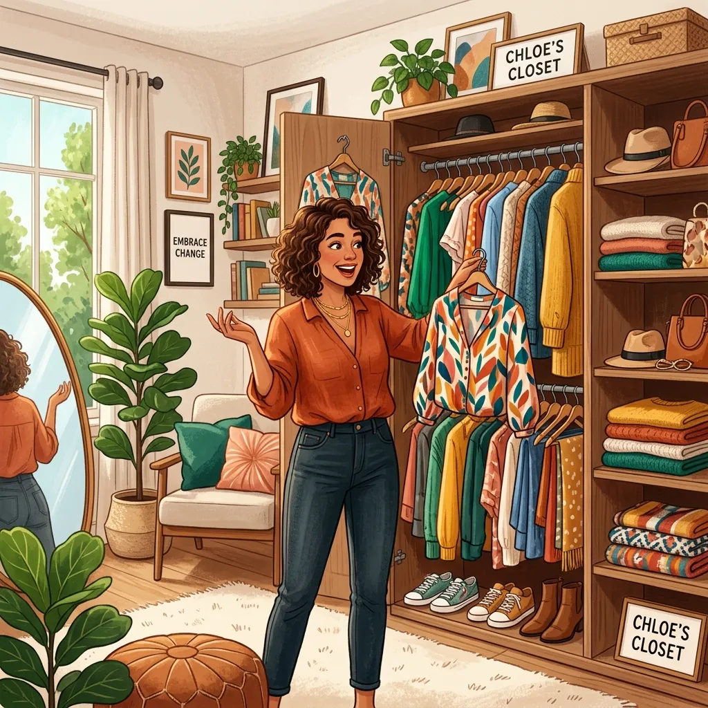 Person trying on modern outfits in front of a mirror during a wardrobe makeover session.