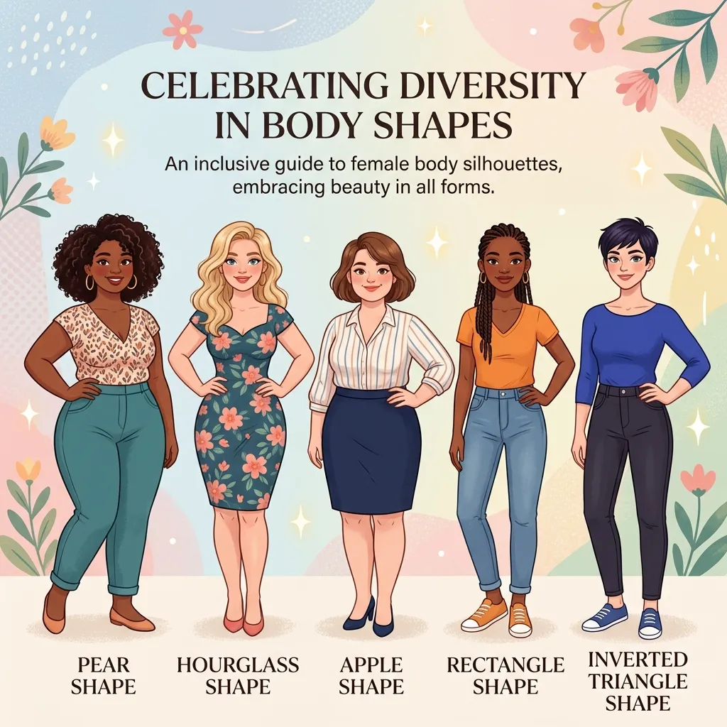 Illustration comparing apple, pear, hourglass, rectangle, and inverted triangle female body shapes with measurement proportions and silhouette outlines