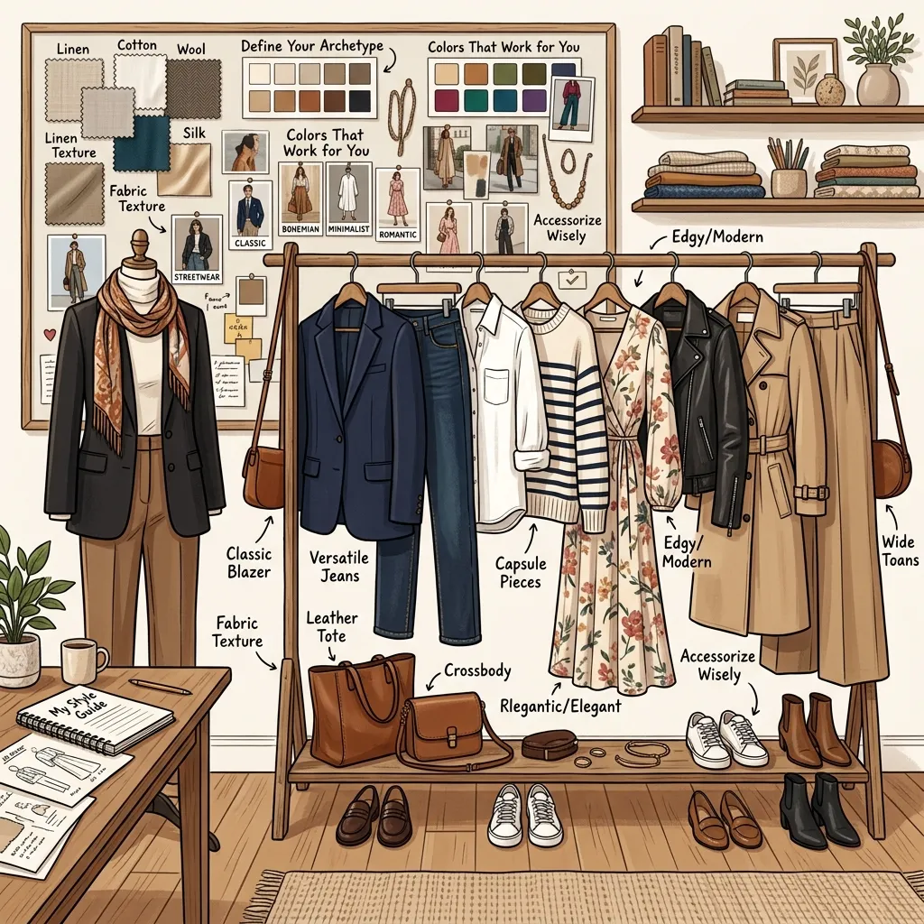 Person selecting clothes from a wardrobe while comparing colors, fabrics, and outfit inspiration for personal style development.