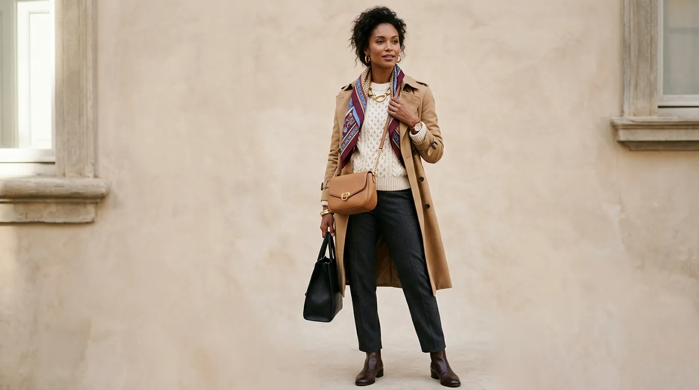 Fashionable layered outfit with jewelry, handbag, belt, and seasonal clothing accessories for a stylish everyday look.