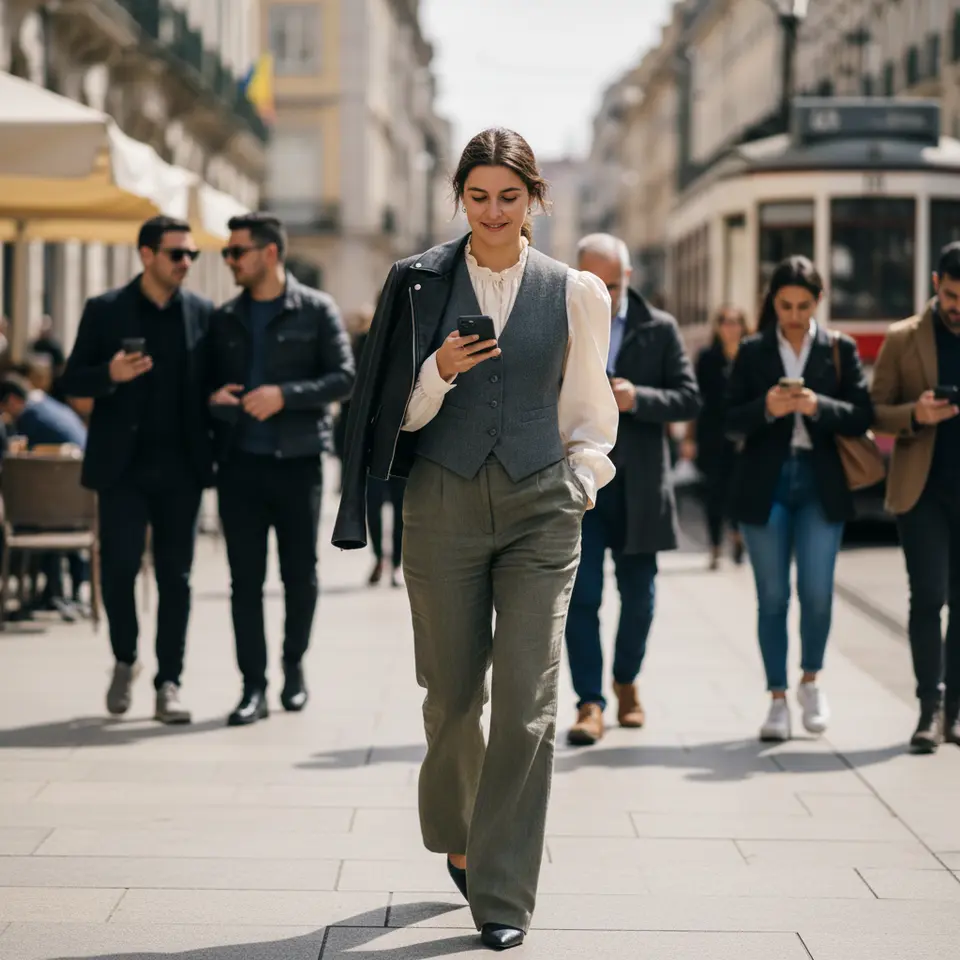 A street-style scene featuring an everyday adaptation of runway silhouettes: a model wearing a softly puffed-shoulder blouse paired with high-waist, gently flared trousers, layered under a structured vest and cropped jacket to balance volume and sleek lines