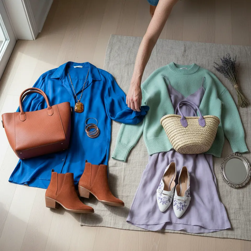 A fashion flat-lay showcasing harmonious color palettes: a cobalt blue blouse matched with rust-colored accessories alongside a second ensemble layering mint green and soft lavender pieces, all arranged on a neutral background