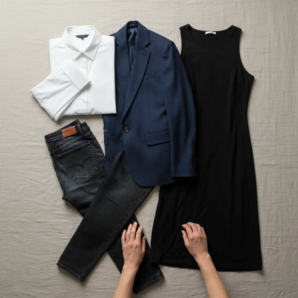 Flat lay of a capsule wardrobe: a structured navy blazer, dark slim trousers, a midi-length little black dress, a crisp white button-down shirt, and streamlined dark denim arranged on a neutral background, highlighting texture details and interlocking arrangement