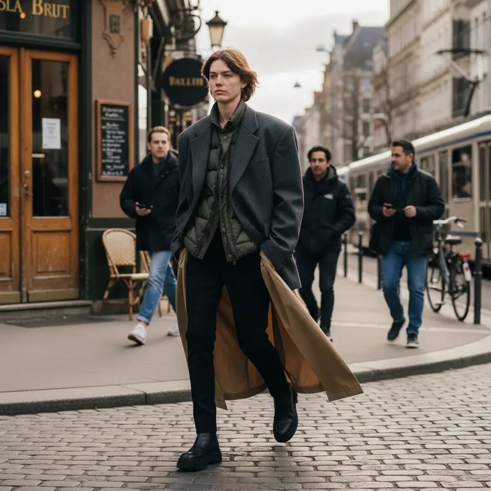 Oversized and Structured Outerwear – a street-style figure wearing a voluminous, boxy blazer with drop shoulders layered over streamlined trousers, alongside an exaggerated quilted puffer jacket and extended-hem trench coat, set against an urban backdrop