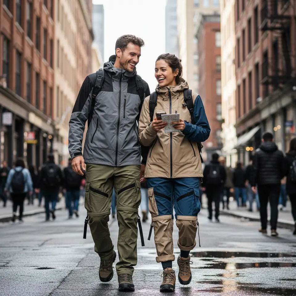 Functional Utility and Technical Fabrics – a dynamic outfit showcasing cargo pants with modular straps and patch pockets, a weather-resistant ripstop nylon jacket with detachable hood, breathable mesh panels and convertible pant legs, styled for an adventurous urban setting