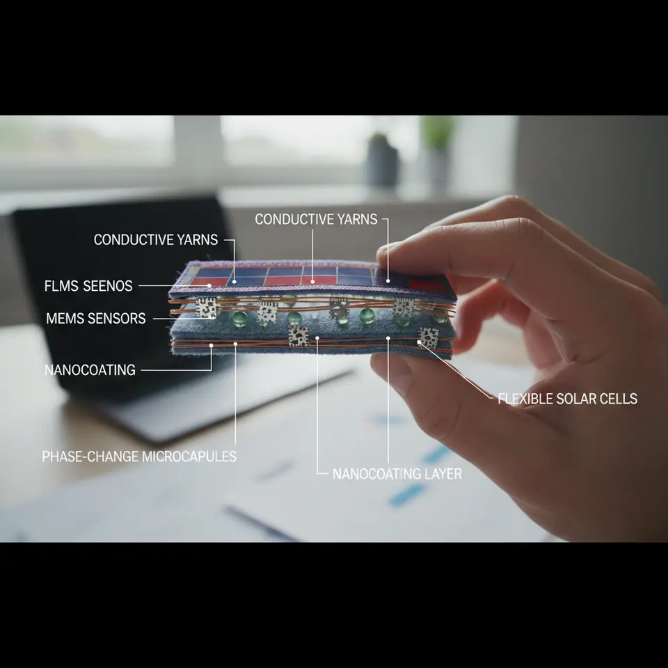 Cross-section of a smart fabric illustrating core technologies: flexible conductive yarns woven alongside microelectromechanical sensors (MEMS), embedded phase-change microcapsules, an ultra-thin nanocoating layer, and integrated flexible solar cells—shown in different colors and labeled layers to highlight each component’s function