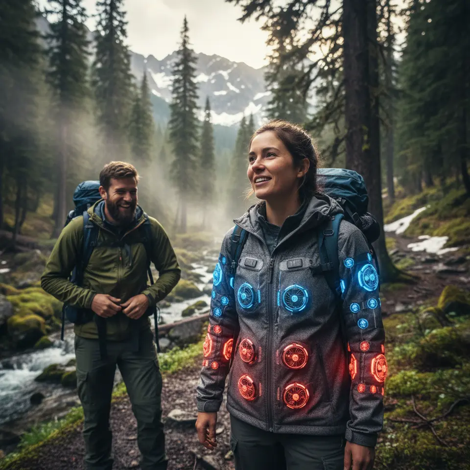Adaptive climate-control jacket in use outdoors: a hiker wearing a high-tech coat with visible phase-change microcapsules in the lining (shown as color-shifting beads), miniature fans and thermoelectric modules mounted on the chest, and dynamic thermal zones (blue for cooling, red for heating) responding to changing weather conditions