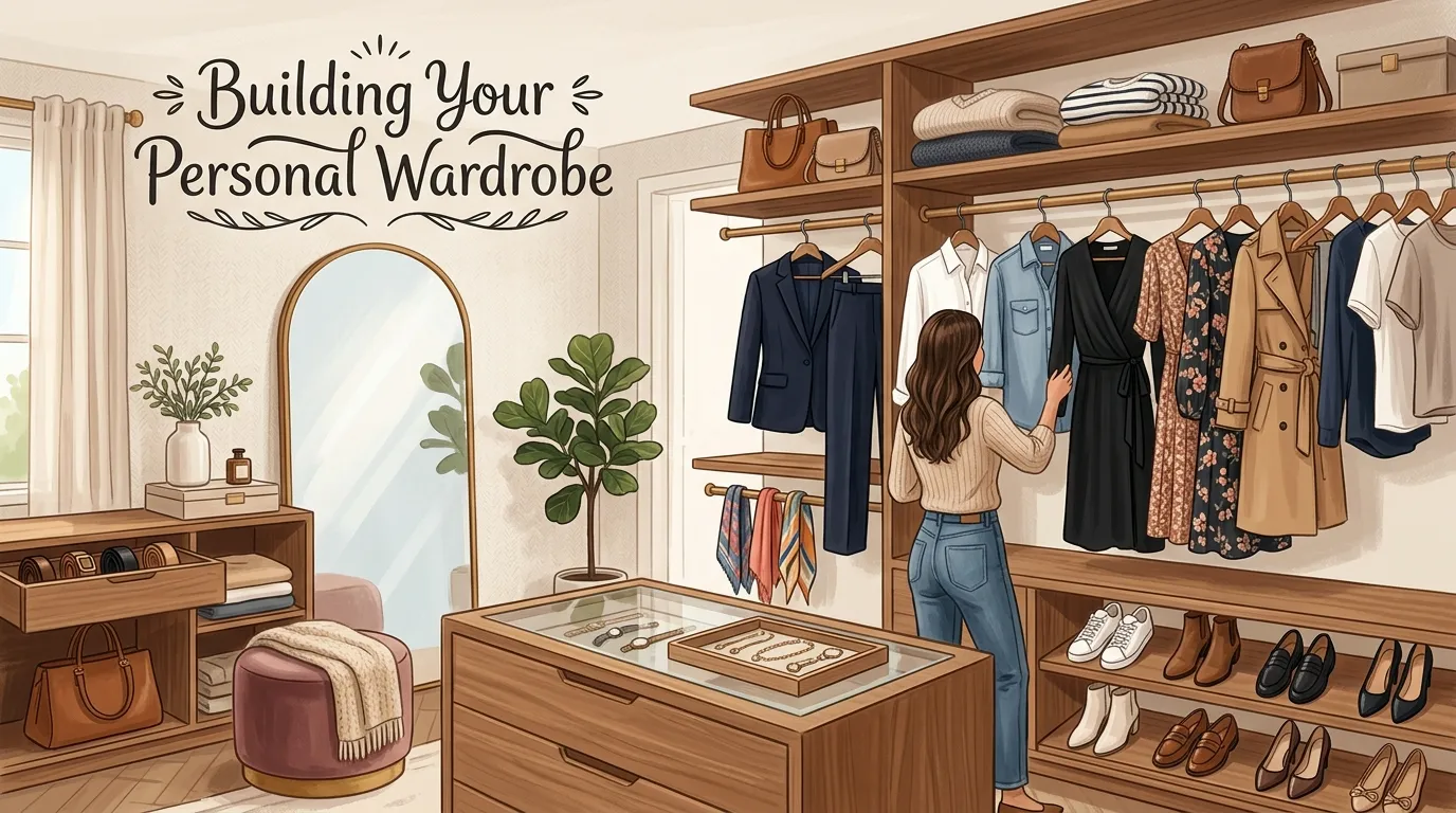 Organized wardrobe with neutral clothing essentials like shirts, jeans, jackets, and sweaters arranged neatly showing a minimal and versatile fashion collection.