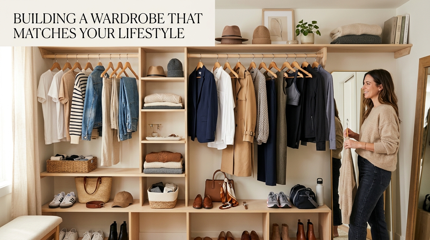Minimal and versatile clothing pieces arranged neatly for a cohesive personal style wardrobe